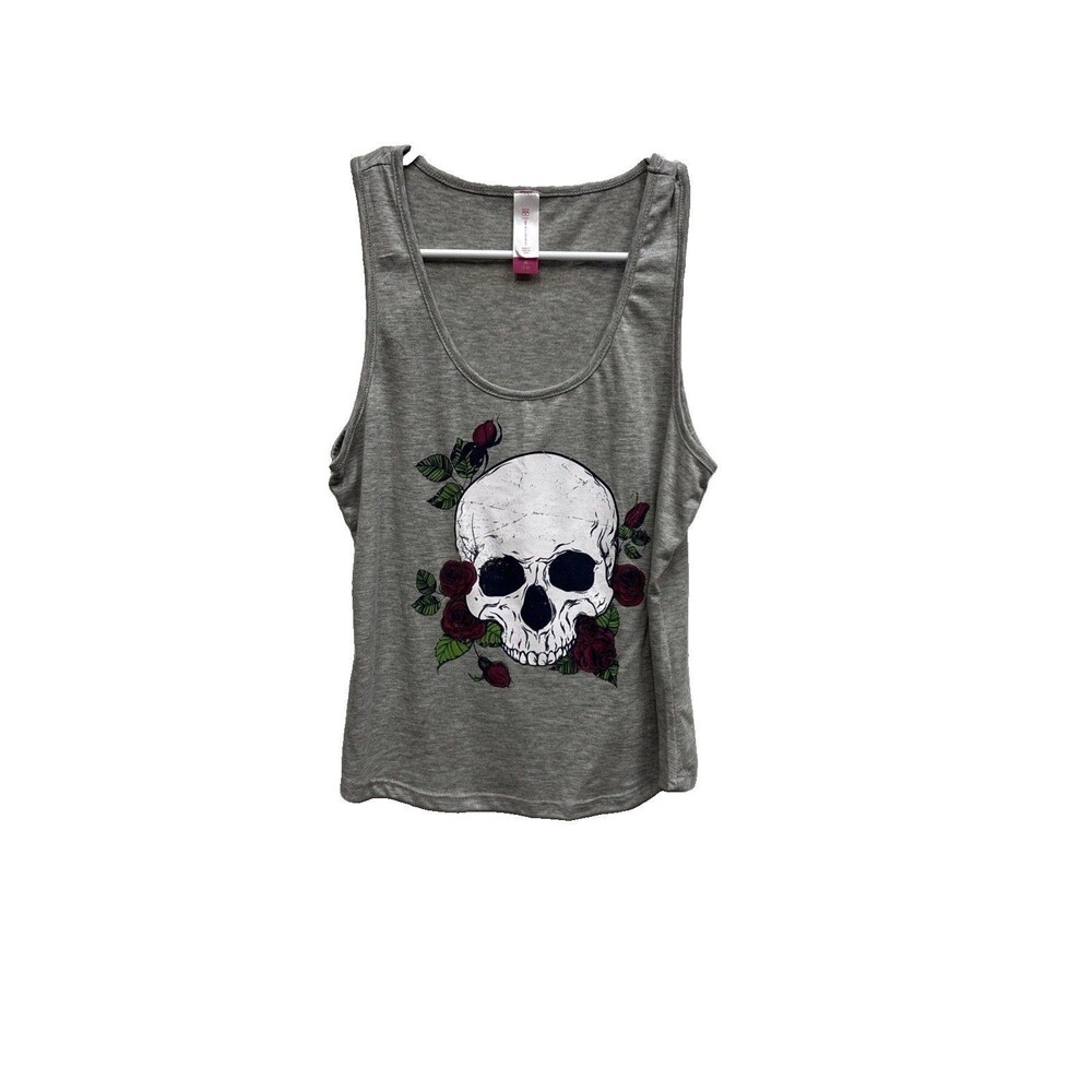 NOBO Tank Top Skull Roses Graphic Gray Sleeveless M 7 9 Stretch